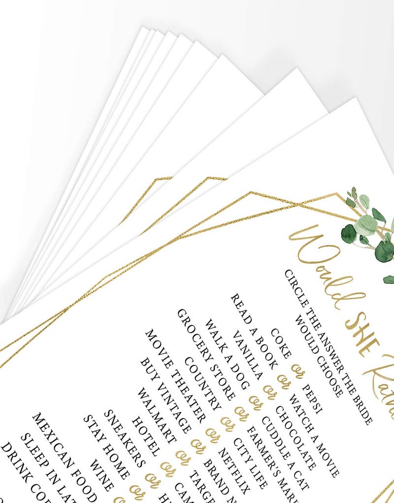 Printed Party Bridal Shower Games â€“ Would She Rather Game with Fun Bride-to-Be Trivia, Wedding Shower Activity, Botanical Greenery Theme, 50 Guests - Image 5